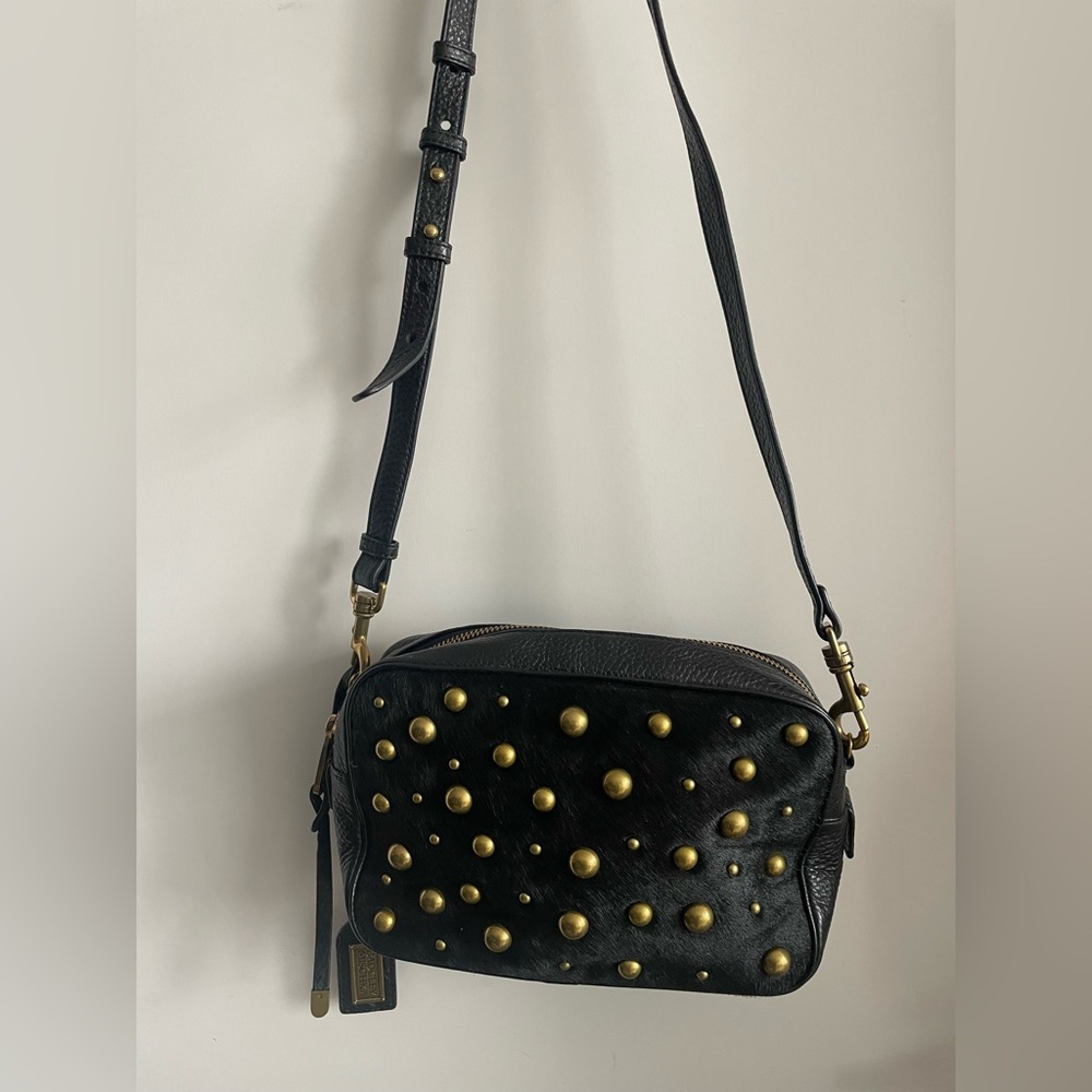 Badgely Miscka leather and pony hair gold studded crossbody camera bag